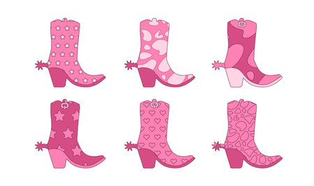 Set of pink trendy cowgirl boots with spurs and various ornaments. Flat contour vector illustration.のイラスト素材