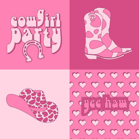 Collection of retro pink Cowboy square cards with Cowgirl boots, hat and lettreing text for Cowgirl party. Wall art vintage covers preppy set. 60s western and wild west theme. Hand drawn vector posterのイラスト素材