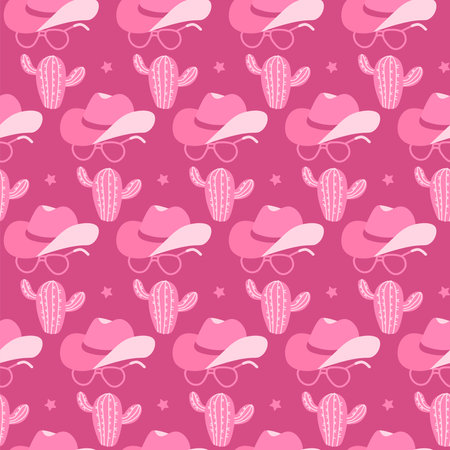 Seamless pattern with 60s pink girlish wild west. Cowgirl elements repeating on a pink background. Cowboy hat, vintage sunglasses, cactus. Flat vector hand drawn wallpaperのイラスト素材