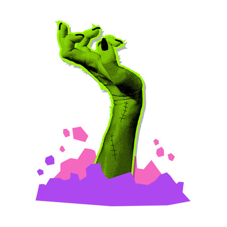 Green zombie hand sticking out of grave. 90s vitage Halloween clip art. Halftone collage object for mixed media design. Dead monster hand with stitches grabbing. Vector illustration isolatedのイラスト素材