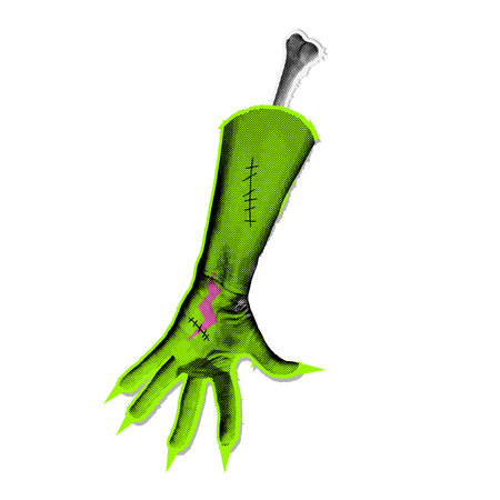 Neon green zombie monster hand with long sharp claws. 90s vintage realistic Halftone grungy scary Halloween clip art. Demon hand halftone collage for mixed media design. Vector illustrationのイラスト素材