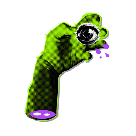 90s vintage halftone torn off zombie hand holding eye. Vector illustration with curve green zombie arm sticker with halftone effects for decoration of Halloween eventsのイラスト素材