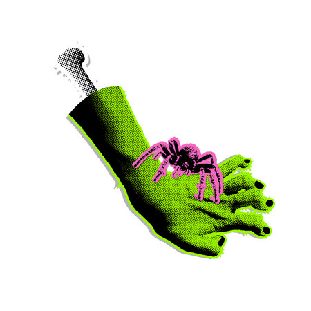 90s vintage halftone torn off zombie hand stung by a spider. Vector illustration with curve green zombie arm sticker with halftone effects for decoration of Halloween eventsのイラスト素材
