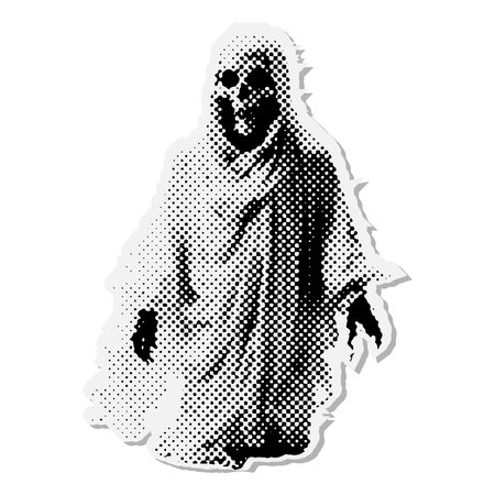 White sheet ghost - Halloween halftone mixed media collage paper sticker. Dotted Vintage illustration in 90s zine Paper piece style.のイラスト素材