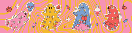Set of cute Halloween ghosts with daisy flower ornament, 60s vintage floral spooky stickers pack. Retro cartoon doodle outline drawing illustration for greeting card, t shirt design and crafts.のイラスト素材