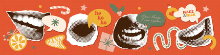 Vintage paper halftone stickers set with Christmas wishes. Collage style with doodle elements....
