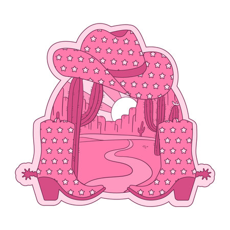 Retro emblem with pair of Cowgirl boots and hat. Pink retro concept with cactus desert landscape. T-shirt or poster design of wild side. Vector hand drawn illustration.のイラスト素材