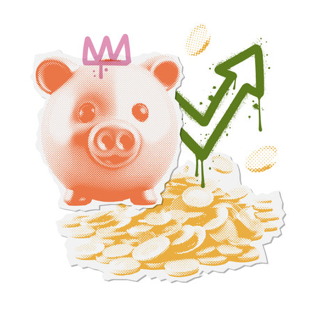 Trendy Business banner with Halftone piggy bank , coins stack and graffiti arrow up sign. Vintage zine grunge elements. Set Retro Finance Poster for Social Media. Vector illustration.のイラスト素材