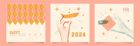 Set of retro posters in a trendy risograph print style. Happy New Year creative greeting cards with...