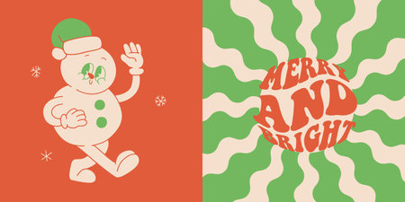 Vintage xmas duotone cards. Funny 70s retro cartoon Christmas snowman character . Xmas mascot in groovy style vector illustration. Merry and bright quote Happy New year Invitation, poster.のイラスト素材
