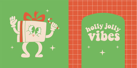Duotone cards with Retro Cartoon funny gift box Christmas character and vintage groovy quote - Holly Jolly vibes. Vector hand drawn red and green illustration.のイラスト素材