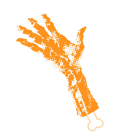 torn off Zombie hand- Halloween halftone dotted realistic clipart. Offset texture Vintage illustration in 90s grunge styleのイラスト素材