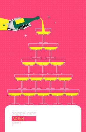Trendy 2024 New Year banner design in 90s halftone collage style. Champagne glass pyramid, cheers, New Year Eve concept. Hand pouring alcohol sticker. Holiday party invitation. Vector illustrationのイラスト素材
