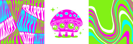 Neon psychedelic cards set with Fantasy magic mushroom with eyes and trippy backgrounds. Vector Toxic luminous mushroom characters from fairy tale, amanita. fantastic fungus with eye. Vectorのイラスト素材