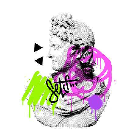 Male antique bust sculpture isolated in retro halftone texture vintage dotted pop art style. Abstract graffiti strokes with cut out collage element for mixed media grunge punk vector illustration.のイラスト素材