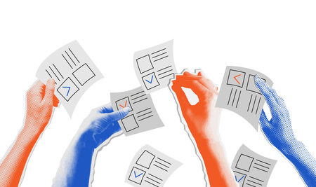 The election voting process, bidding, hands raised up with papers. Sale and buy concept in retro...