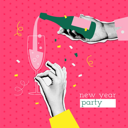 Trendy vintage 2024 New Year banner design in mixed media collage style. Hands holding glass and bottle of champagne. Holiday party concept. Vector illustration for poster or greeting cardのイラスト素材
