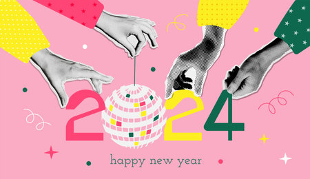 Trendy vintage 2024 New Year banner design in halftone 90s zine collage style. Hands holding numbers with mirror ball. Holiday party concept. Vector illustration for poster, banner or greeting cardのイラスト素材