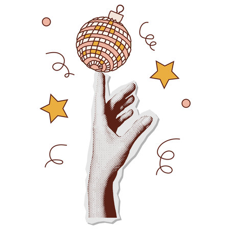 Merry Christmas collage paper sticker. Hand holding mirror ball toy. Colorful halftone mixed media style design.のイラスト素材
