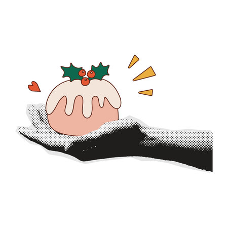 Merry Christmas collage paper sticker. Hand holding xmas cake. Colorful halftone mixed media style design.のイラスト素材