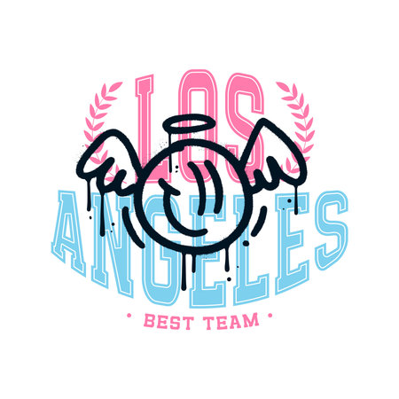 College tee print with angel graffiti style graphic. Los Angeles varsity vector concept.のイラスト素材