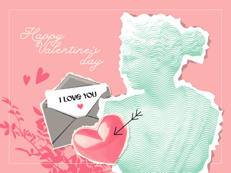 Female antique Statue with a halftone effect in a retro collage style with vector graphic elements - heart and love letter. Happy Valentines Day Banner vector design in vintage mixed media style.のイラスト素材