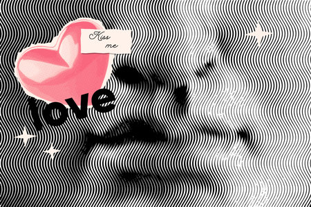 Happy Valentines Day vintage card concept. Face of Female Statue a with a halftone effect in a retro collage style with torn out paper graphic elements of heart and message note. Vector illustration.のイラスト素材