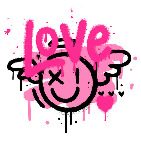 90s spray paint valentines dat greeting card. Hand drawn graffiti texture style comic cupid emoji shape, heart and word LOVE. Design for print, sticker. Trendy 90s vintage Vector Illustrationのイラスト素材