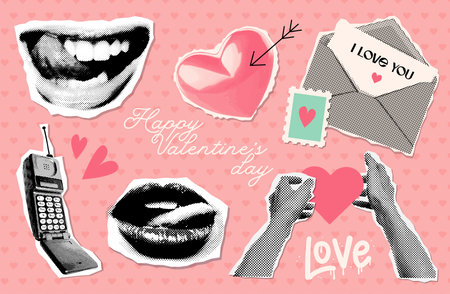 Punk y2k collage elements collection. Hands and lips in halftone treatment. Retro magazine clippings with retro phone and vintage paper letter. Trendy vector illustration.のイラスト素材