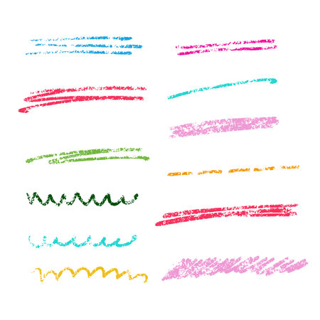 Multi colored crayon strokes scribble set. Childish charcoal pencil drawing. Doodles and curved lines, straight thin strokes. Colorful pencil sketchy lines. Grungy smears and rough vector design.のイラスト素材