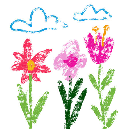 Cute rough kids drawing flowers set . Hand drawn illustration with color wax crayons textureのイラスト素材