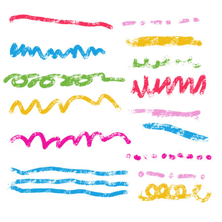 Charcoal pencil curly strokes - lines, squiggles and shapes. Grunge hand drawn pen scribbles collection. Vector pencil lines and doodles. Bright color charcoal or chalk drawing. Rough crayon stroke.のイラスト素材