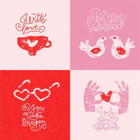 Set of Valentine s day minimalistic greeting cards with hand written greeting lettering and decorative wax crayon textured brush romantic elements. Happy Valentine s day, Love you forever words.のイラスト素材