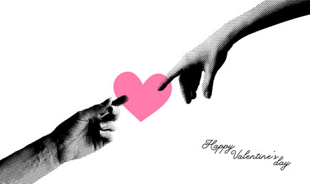 Trendy Halftone Collage Two Hand touching Heart. Social media minimalistic banner template. Happy Valentine and Mother Day. Share love. Contemporary vector illustration artのイラスト素材