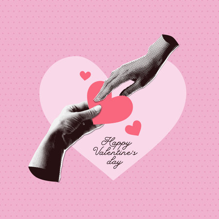 Trendy Halftone Collage Two Hands holding floating Hearts. Social media banner or cover. Happy Valentine and Mother Day. Share love. Contemporary vector illustration artのイラスト素材