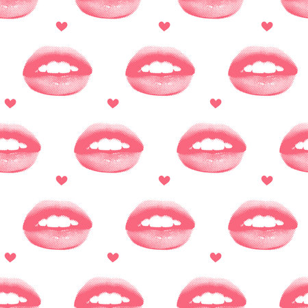 Trendy seamless pattern with halftone collage style lips with dotted texture. Old style background for Valentines day decoration. Vintage vector illustration.のイラスト素材