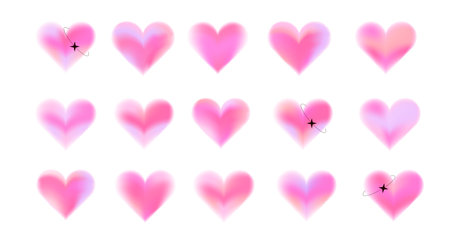 Y2k hearts with blurry gradient set. Retro Valentines Day design elements. Vector illustration.のイラスト素材