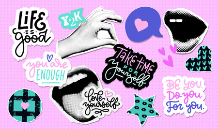 Halftone stickers set with self Love collage elements. Mouth and hands torn out papers. Modern art...