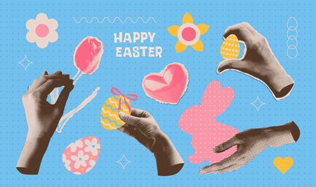 Halftone Collage artwork torn paper stickers set for invitation. card. brochure with female hands holding painted eggs, flower and bunny silhouette. Vector y2k sticker collection.のイラスト素材