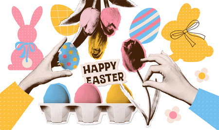 Contemporary art halftone vector paper collage of hands holding an egg, tulip flower and festive...