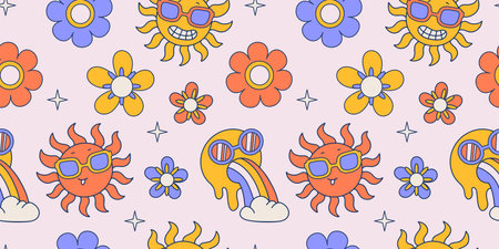 Seamless pattern with retro 70s groovy elements, simple funky hippy symbols. Colored daisy flowers. stars, sun and emoji in sunglasses. Contour linear vector illustration.のイラスト素材