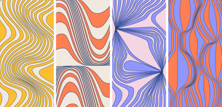Groovy hippie 70s backgrounds set. Waves, swirl, twirl contour pattern. Twisted and distorted vector...