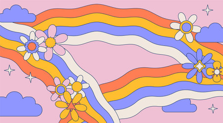 70s groovy retro psychedelic background with sun flowers and clouds sign for tee t shirt or poster sticker. Summer funky frame for text. Contour vintage vector illustration.のイラスト素材