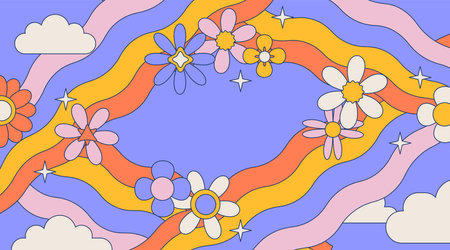 Hand drawn psychedelic groovy background with flowers, rainbows, clouds in 70s retro vivid colors. Vintage psychedelic sky frame. Vector contour cartoon illustration.のイラスト素材