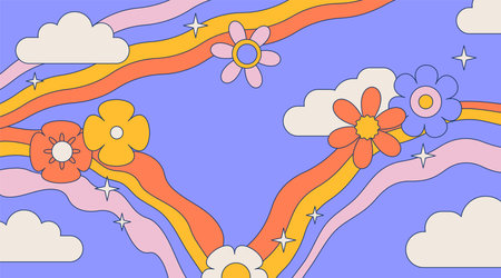 Groovy retro hippie styled social media banner template for summer promotion or seasonal sale with vintage colored natural graphic composition with rainbows and flowers. Vector linear illustrationのイラスト素材