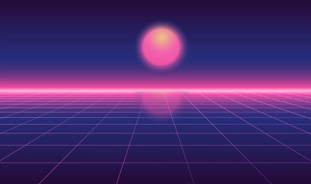 Abstract futuristic horizontal landscape with sun in vintage 1980s style. Vector illustration background . 80s Retro Sci-Fi smooth backdrop.のイラスト素材