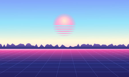 Abstract vaporwave landscape with sun rising over mountains silhouette and on calm soft pink and blue day background. Vintage vector illustration.のイラスト素材