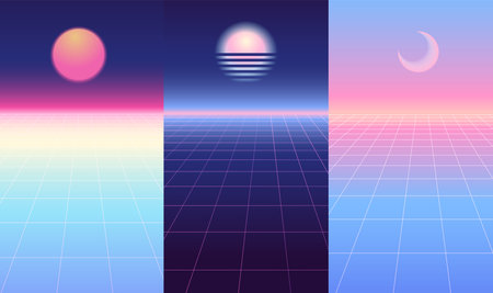 Futuristic posters set set. Retrowave, synthwave, rave, vapor wave, cyberpunk party backgrounds collection. Vector line grid landscape with sun and moon. Retro, vintage 1980s, 1990s style.のイラスト素材