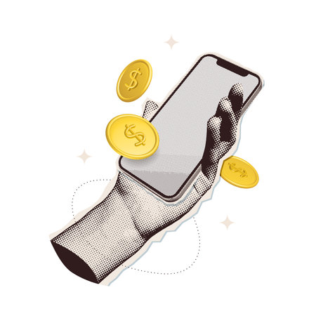 Trendy Halftone Collage Hand with Phone and Floating Coins. Online Payment concept. Financial planning Metaphor . Save money composition. Earn and pay concept on Transparent background. Vector 3d artのイラスト素材
