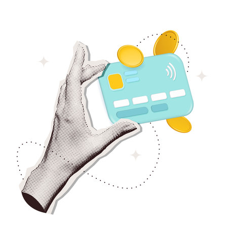 Trendy Halftone Collage Hands holding Credit Card with gold coins. Online payment concept with 3d render element. Keeping money safe. Digital Financial transactions. Banking loan, e-commerce. Vectorのイラスト素材